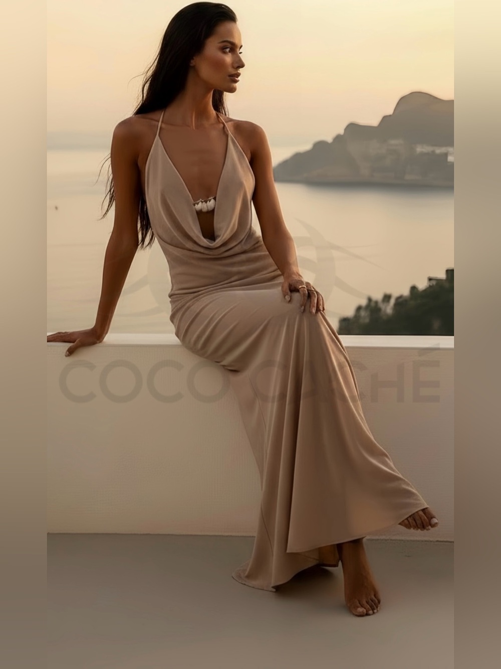 Elegant Chiffon Evening Gown Shell Trim Backless Sheer Maxi Dress Cocktail Party - Picture 6 of 14